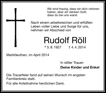 Traueranzeige von Rudolf Röll von Frankenpost