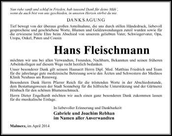 Traueranzeige von Hans Fleischmann von Südthüringer Presse