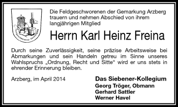 Traueranzeige von Karl-Heinz Freina von Frankenpost