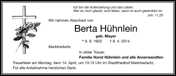 Traueranzeige von Berta Hühnlein von Frankenpost