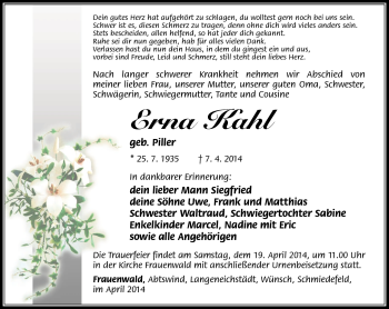 Traueranzeige von Erna Kahl von Südthüringer Presse