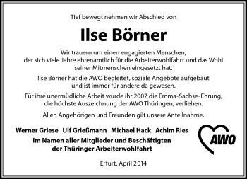 Traueranzeige von Ilse Börner von Südthüringer Presse