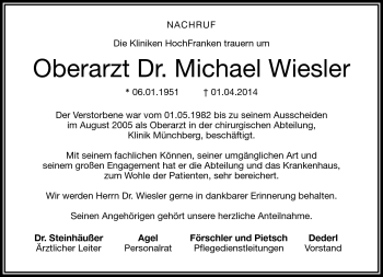 Traueranzeige von Michael Wiesler von Frankenpost