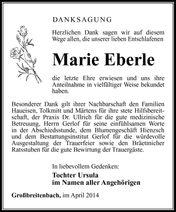 Traueranzeige von Marie Eberle von Südthüringer Presse