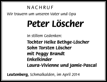 Traueranzeige von Peter Löscher von Südthüringer Presse