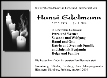 Traueranzeige von Hansi Edelmann von Südthüringer Presse
