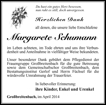 Traueranzeige von Margarete Schumann von Südthüringer Presse