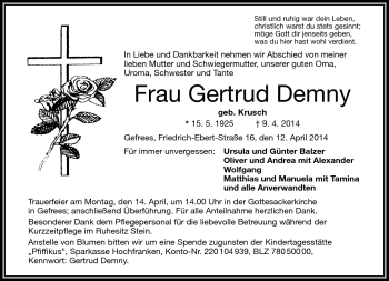 Traueranzeige von Gertrud Demny von Frankenpost