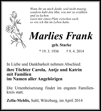 Traueranzeige von Marlies Frank von Südthüringer Presse