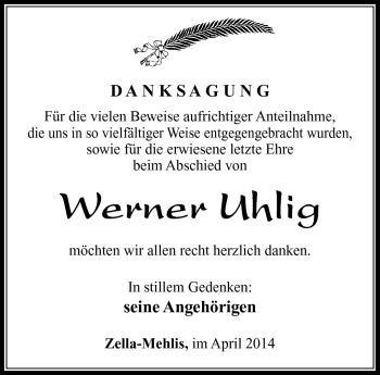 Traueranzeige von Werner Uhlig von Südthüringer Presse