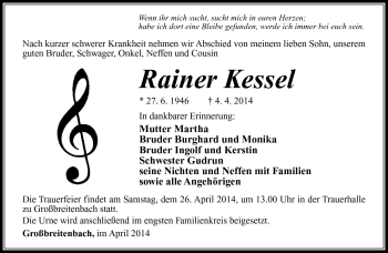 Traueranzeige von Rainer Kessel von Südthüringer Presse