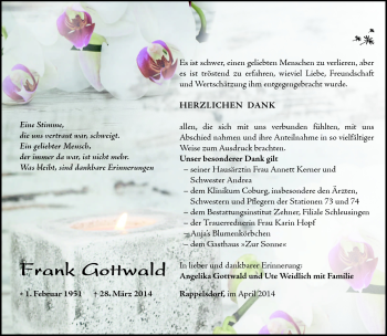 Traueranzeige von Frank Gottwald von Südthüringer Presse