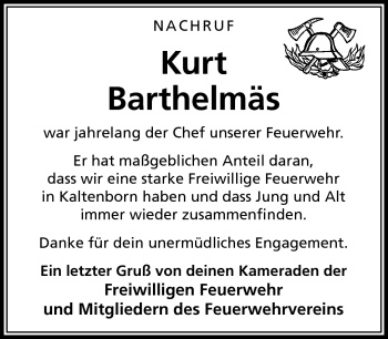 Traueranzeige von Kurt Barthelmäs von Südthüringer Presse