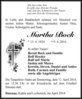 Traueranzeige von Martha Bock von Südthüringer Presse