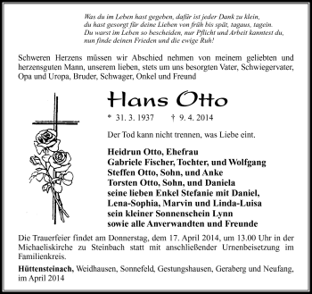 Traueranzeige von Hans Otto von Südthüringer Presse