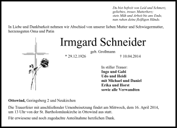 Traueranzeige von Irmgard Schneider von Neue Presse Coburg