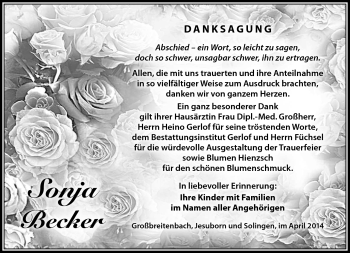 Traueranzeige von Sonja Becker von Südthüringer Presse