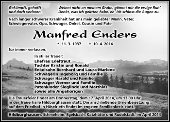 Traueranzeige von Manfred Enders von Südthüringer Presse