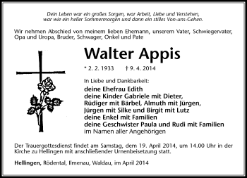 Traueranzeige von Walter Appis von Südthüringer Presse