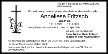 Traueranzeige von Anneliese Fritzsch von Frankenpost