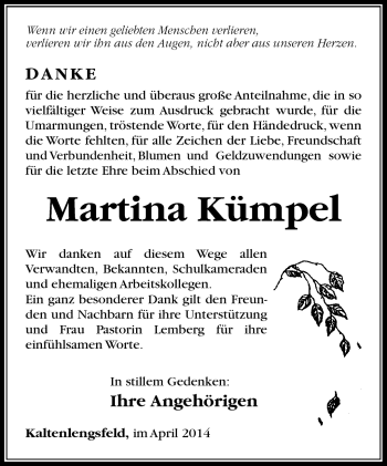 Traueranzeige von Martina Kümpel von Südthüringer Presse