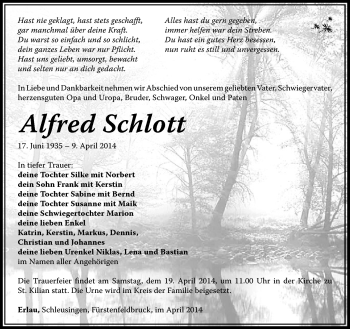 Traueranzeige von Alfred Schlott von Südthüringer Presse