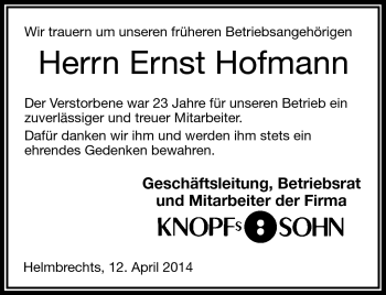 Traueranzeige von Ernst Hofmann von Frankenpost