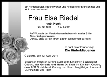 Traueranzeige von Else Riedel von Neue Presse Coburg