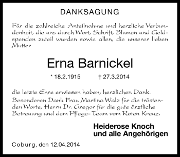 Traueranzeige von Erna Barnickel von Neue Presse Coburg