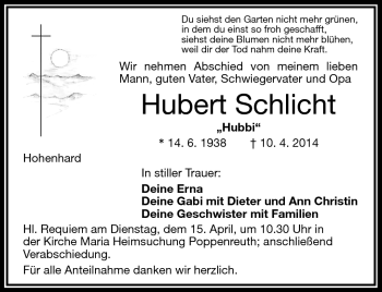 Traueranzeige von Hubert Schlicht von Frankenpost