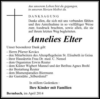 Traueranzeige von Annelies Elter von Südthüringer Presse