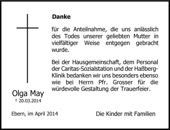 Traueranzeige von Olga May von Neue Presse Coburg