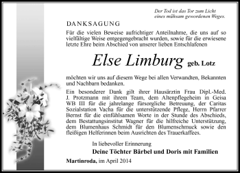 Traueranzeige von Else Limburg von Südthüringer Presse