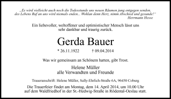Traueranzeige von Gerda Bauer von Neue Presse Coburg