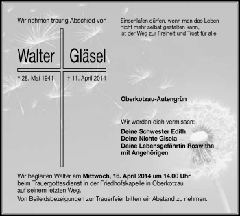 Traueranzeige von Walter Gläsel von Frankenpost