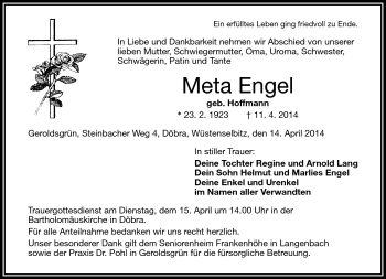 Traueranzeige von Meta Engel von Frankenpost