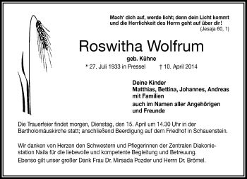 Traueranzeige von Roswitha Wolfrum von Frankenpost