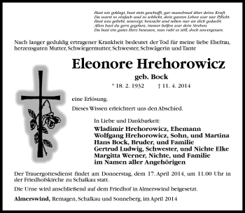 Traueranzeige von Eleonore Hrehorowicz von Südthüringer Presse