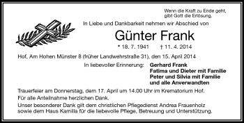 Traueranzeige von Günter Frank von Frankenpost