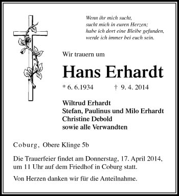 Traueranzeige von Hans Erhardt von Neue Presse Coburg