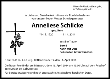 Traueranzeige von Anneliese Schlicke von Neue Presse Coburg