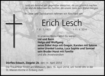Traueranzeige von Erich Lesch von Neue Presse Coburg