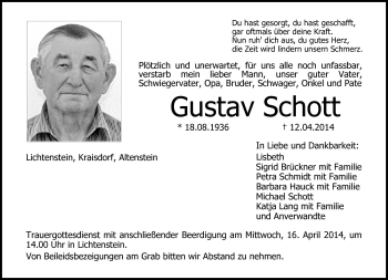 Traueranzeige von Gustav Schott von Neue Presse Coburg