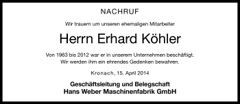 Traueranzeige von Erhard Köhler von Neue Presse Coburg