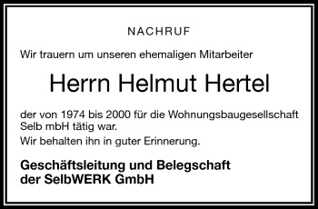 Traueranzeige von Helmut Hertel von Frankenpost