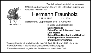 Traueranzeige von Hermann Fraunholz von Frankenpost