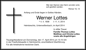 Traueranzeige von Werner Lottes von Frankenpost
