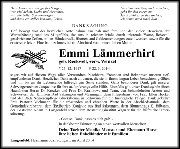 Traueranzeige von Emmi Lämmerhirt von Südthüringer Presse