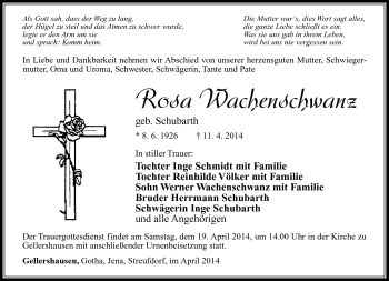 Traueranzeige von Rosa Wachenschwanz von Südthüringer Presse