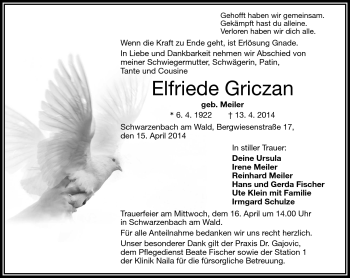 Traueranzeige von Elfriede Griczan von Frankenpost